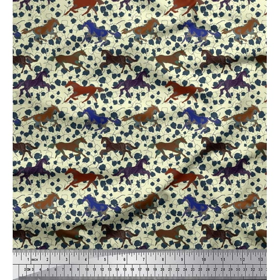 Soimoi Rayon Fabric Leaves & Running Horse Animal Print Fabric by Yard 42 Inch Wide