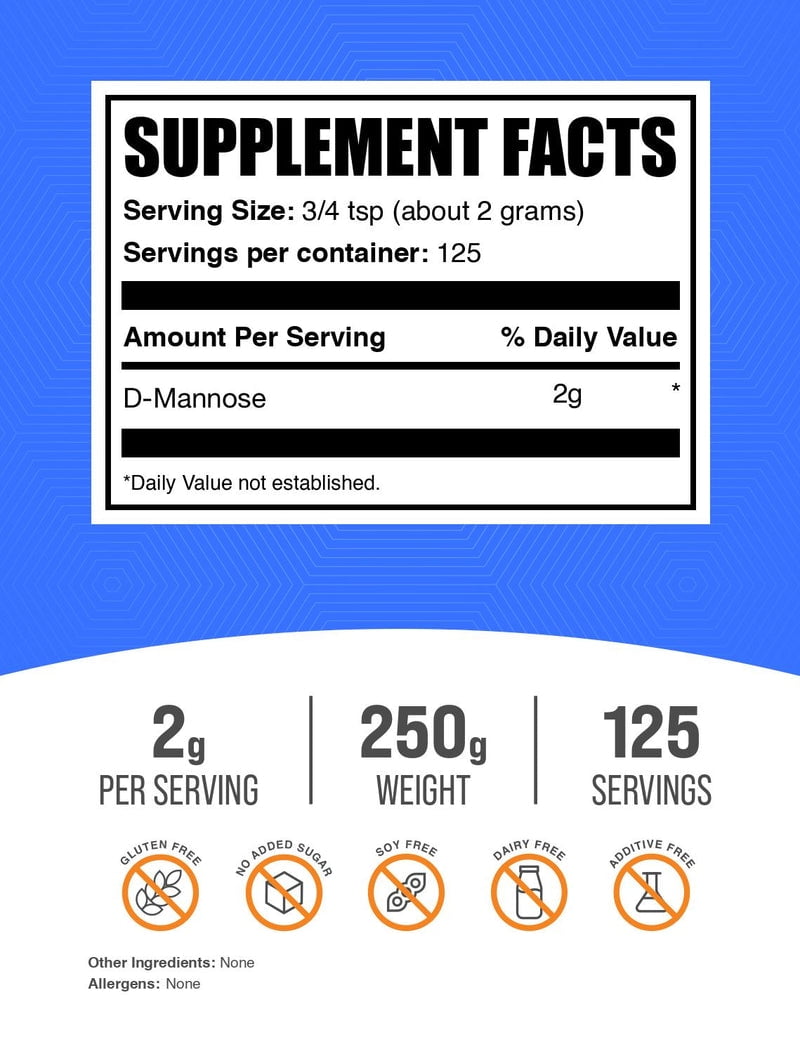 BulkSupplements D-Mannose Powder - D-Mannose Supplement, Dietary Supplement - Unflavored, 2g per Serving, 250g (8.8 oz)