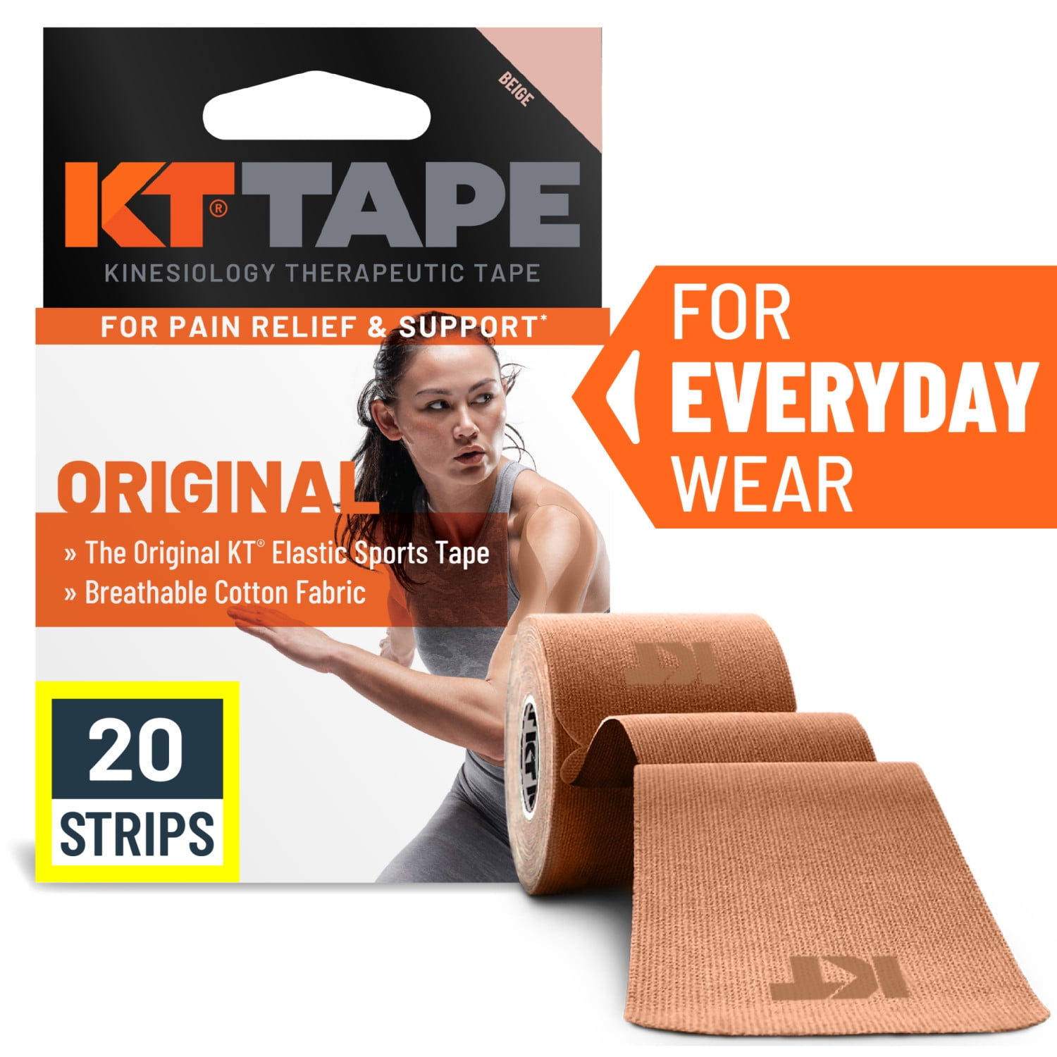 KT Tape Original Cotton Kinesiology Tape, Beige, 20 Precut Strips