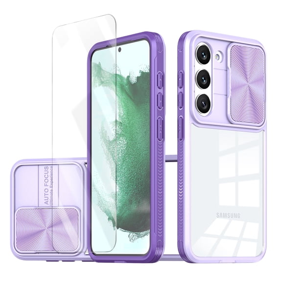 Allytechgroup Galaxy A13 5G Clear Case with Tempered Glass Screen Protector, Sliding Camera Lens Protector Anti-Yellow Shockproof Rugged Slim Fit Shell Cover for Samsung Galaxy A13 5G, Purple