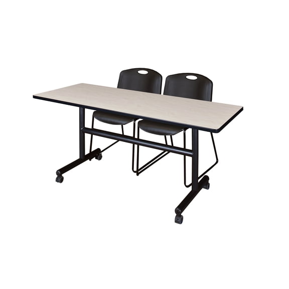 Regency Kobe 60 x 30 in. Flip-Top Training Nesting Table- Maple, 2 Zeng Stack Chairs- Black