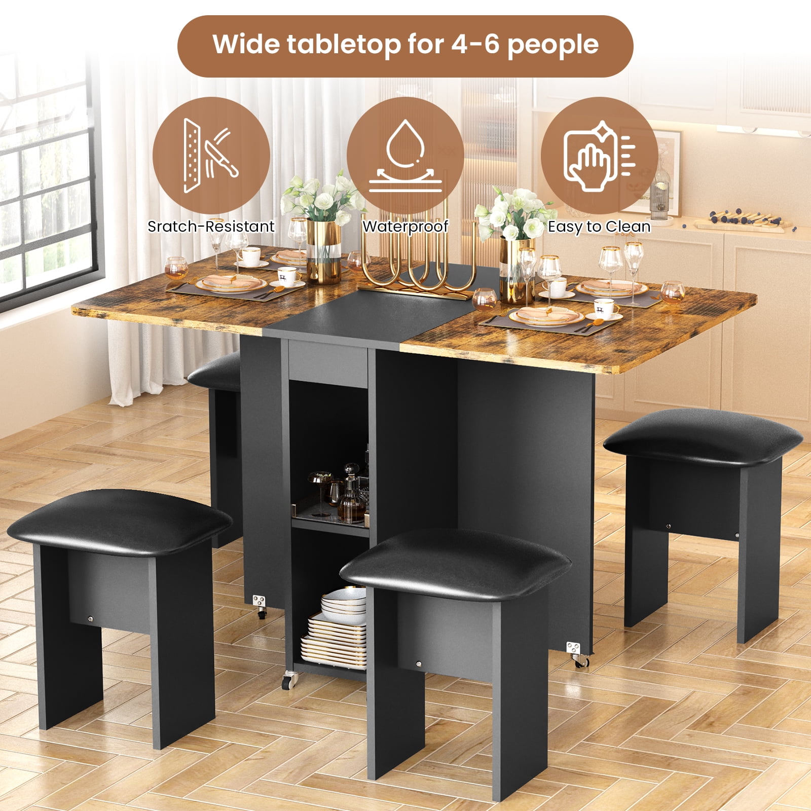 Baxluxe Folding Kitchen Table with Chairs,Dining Table Set for 4,Drop Leaf Table with 6 Wheels,Expandable Dining Table,Multifunction Expandable Table for Living Room, Folding Kitchen Table