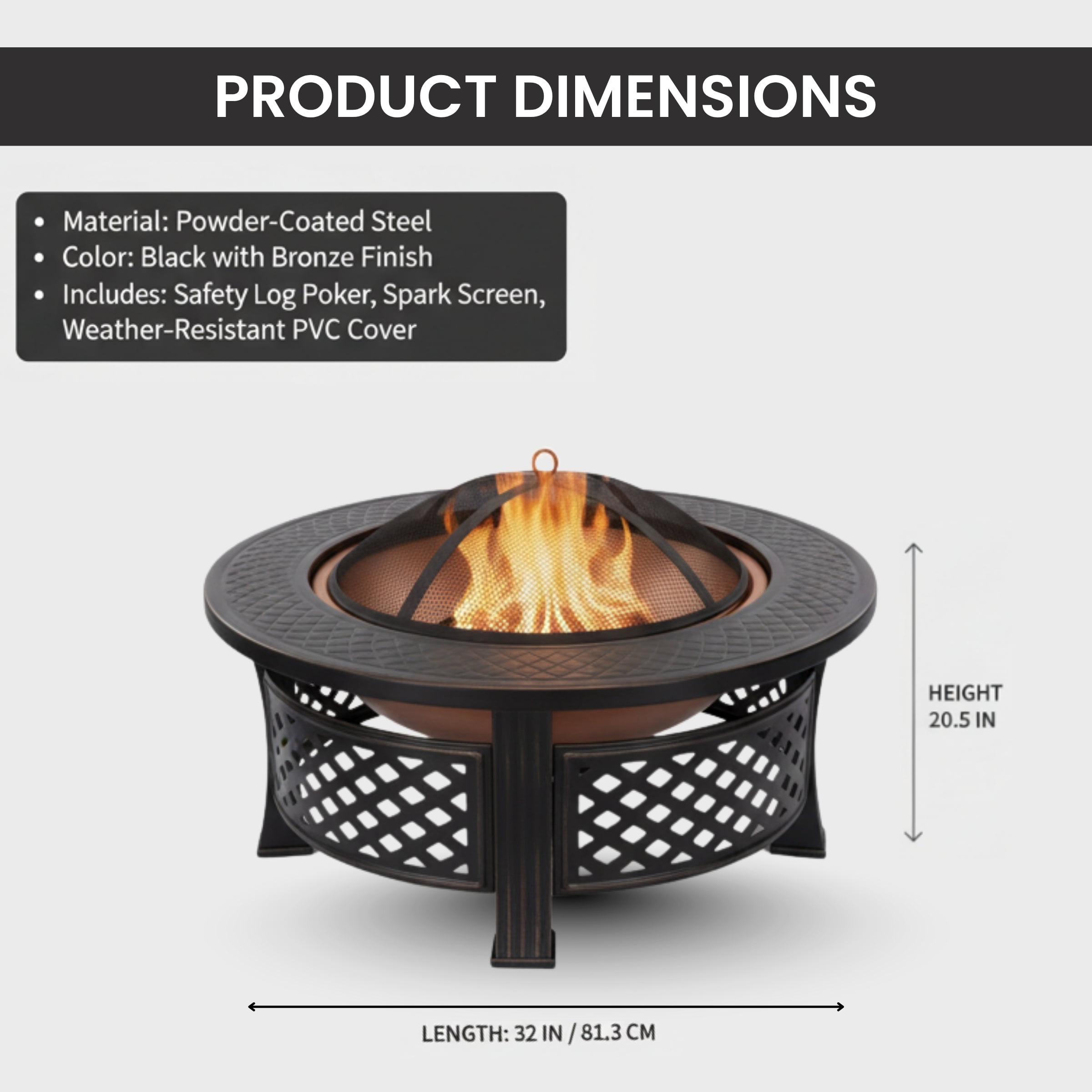Pure Garden Outdoor Fire Pit – 32” Round Wood Burning Pit with Spark Screen, Poker & Cover, Bronze