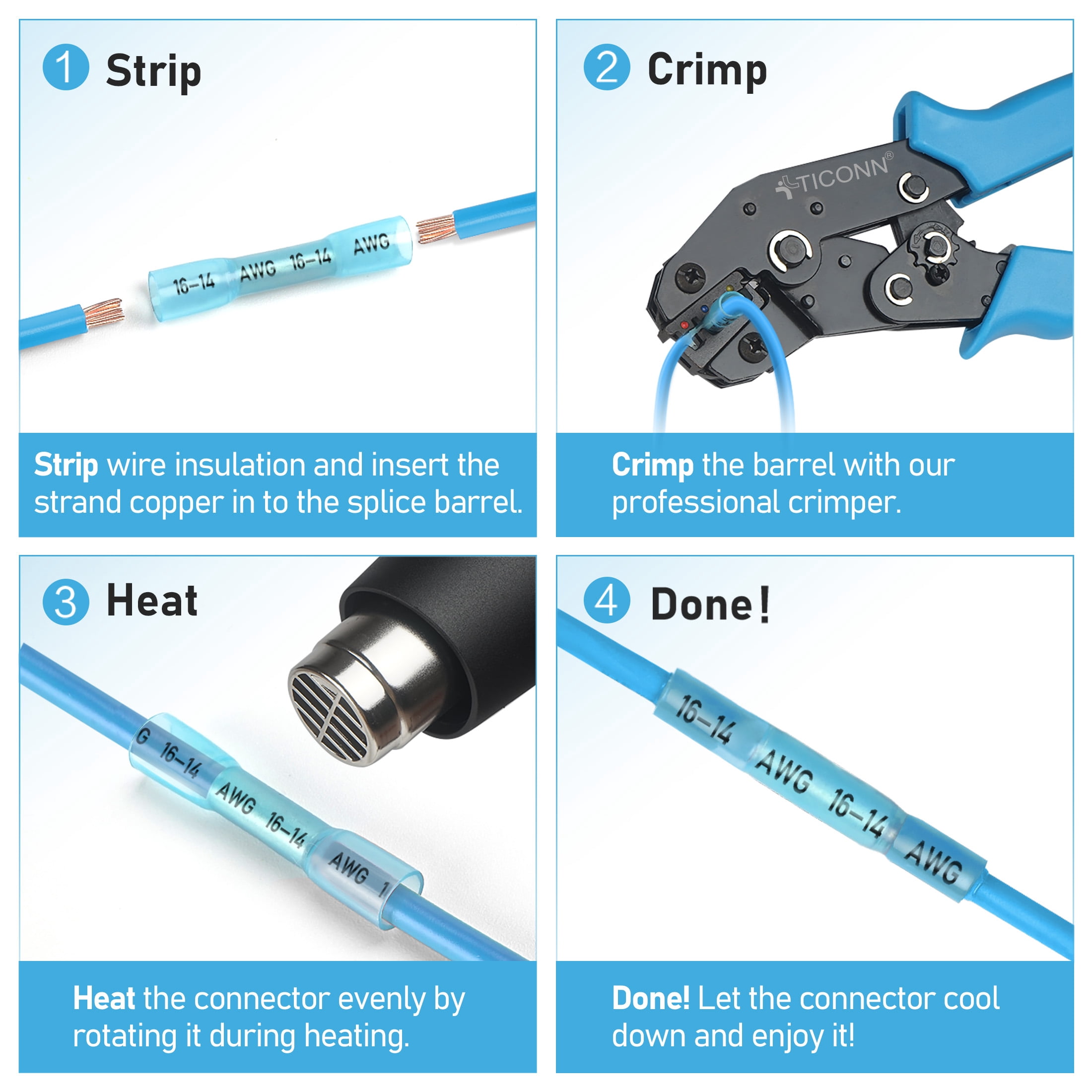 TICONN 300pc Heat Shrink Butt Connectors Kit, Waterproof Wire Crimp Terminals