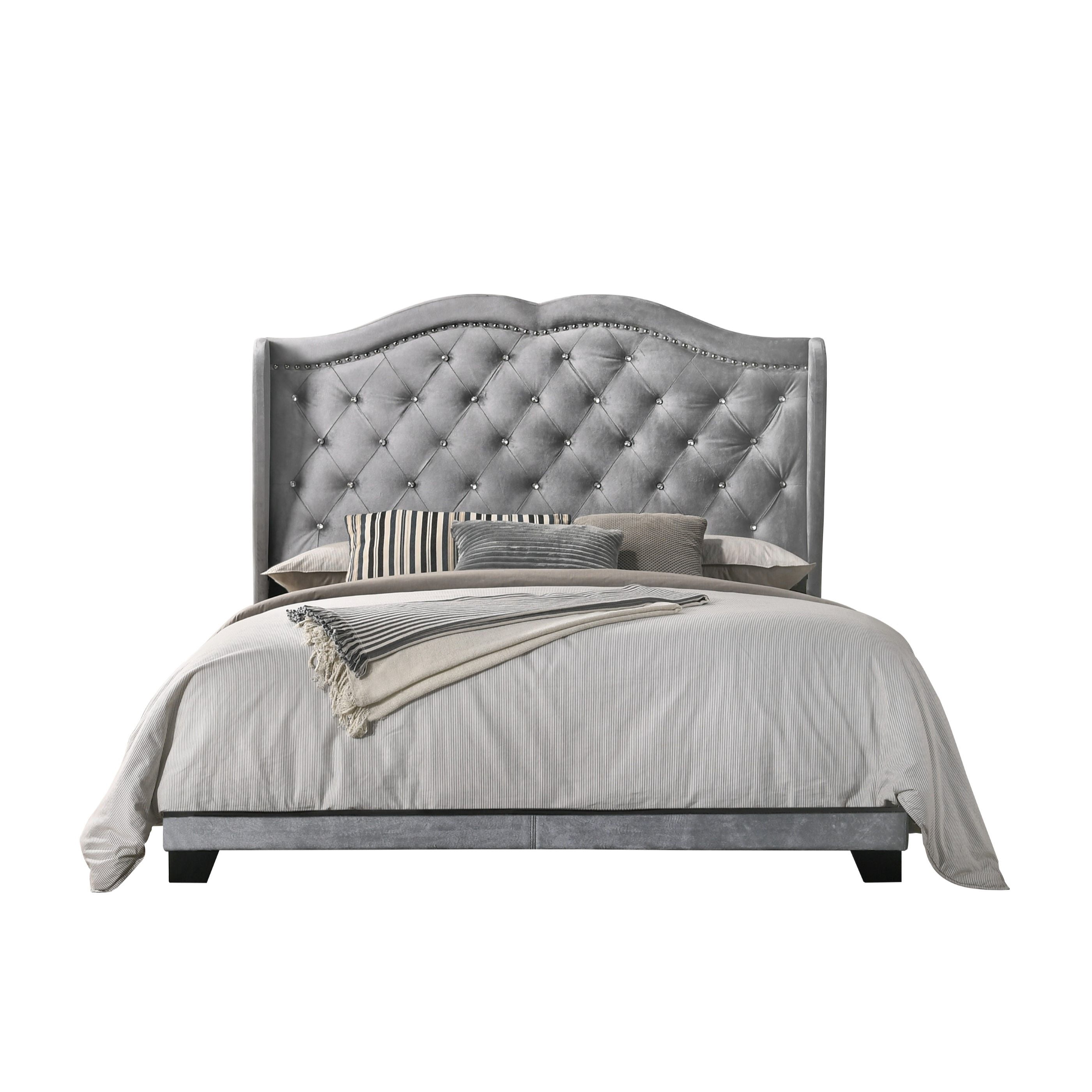 Home Design Aiden Wingback King Upholstered Panel Bed Frame with Tufted Headboard for Adult, Silver Gray, Easy Assembly