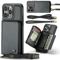 Dteck Wallet Case for iPhone 16 Pro Max,Luxury Leather RFID Blocking Zipper Crossbody Wallet Case with Card Slots Shockproof Kickstand Cover with Shoulder Strap/Wrist Strap,Black