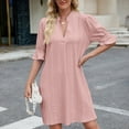 thumbnail image 5 of qucoqpe Womens Summer Ruffle Half Sleeve T-shirts Dress Fashion Casual V Neck Hollow Sun Dress Solid Color Loose Knee-Length Dress, 5 of 6