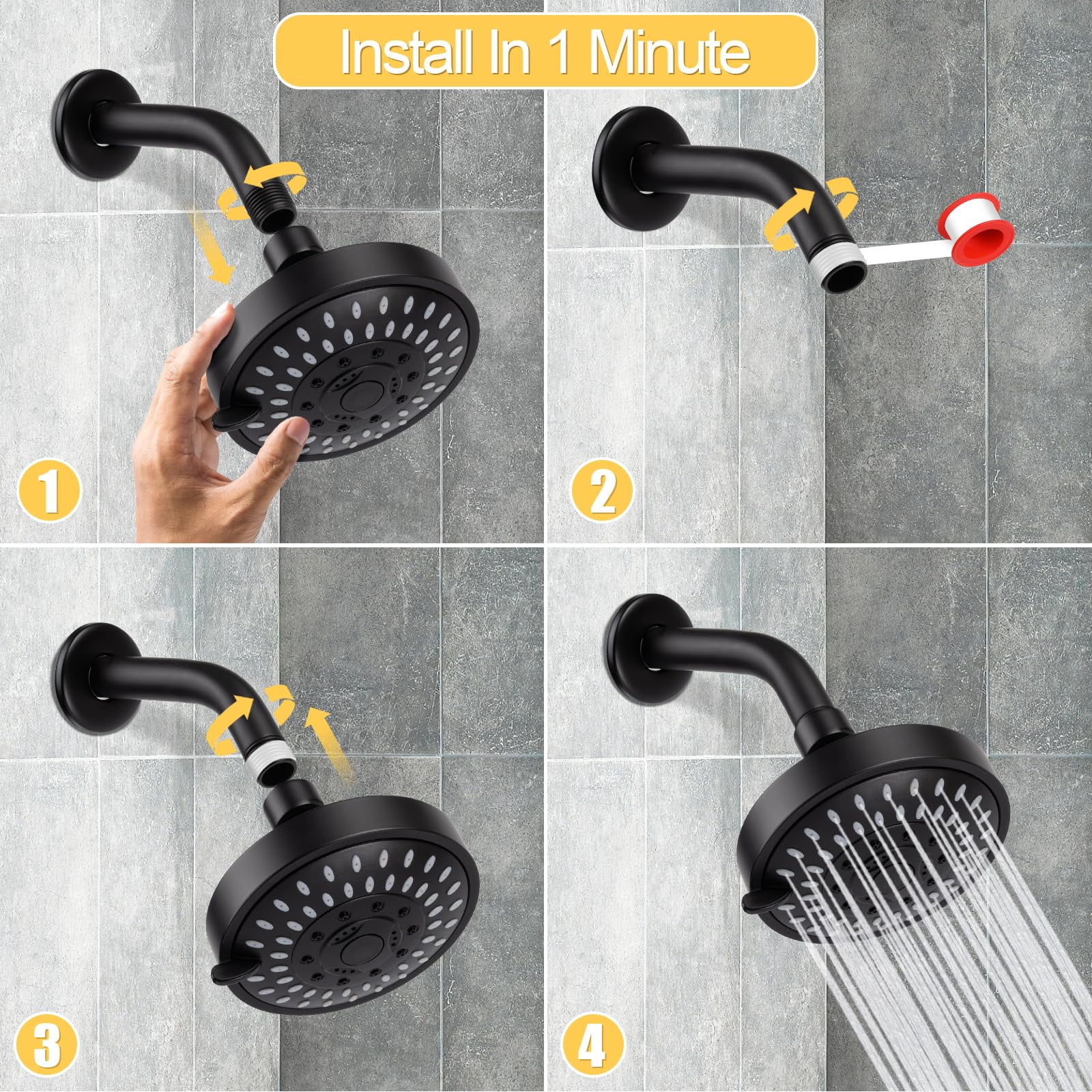 Shower Head High Pressure Rain Fixed Showerhead 5-Setting with Adjustable Metal Swivel Ball Joint - Relaxed Shower Experience Even at Low Water Flow & Pressure