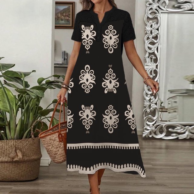 Ovzne Robes d'Été pour Femmes Robe d'Été Mode Décontractée Col en V Manches Courtes Imprimé Bouton Robe de Plage Bohème Robe en Dentelle Robe de Vacances Manches Courtes Imprimée Liquidation