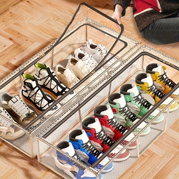 1 Pack Clear Shoe Storage Box, Modern Simple Style PVC Organizer, Rectangular Design with Steel Frame Support, Foldable Shoe Container with 2 Clear Viewing Windows, Space-Saving Under Bed Storage Bin