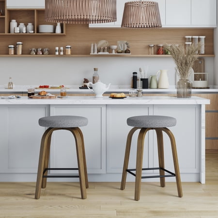 Noble House Florin 26" Swivel Backless Counter Height Bar Stools with Upholstered Seat & Bentwood Legs, Gray, Set of 2