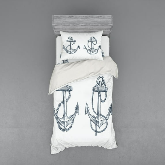 Ambesonne Anchor Bedding Set 3 Pcs, Vintage Sketch of Anchor, Twin XL, Dark Teal White