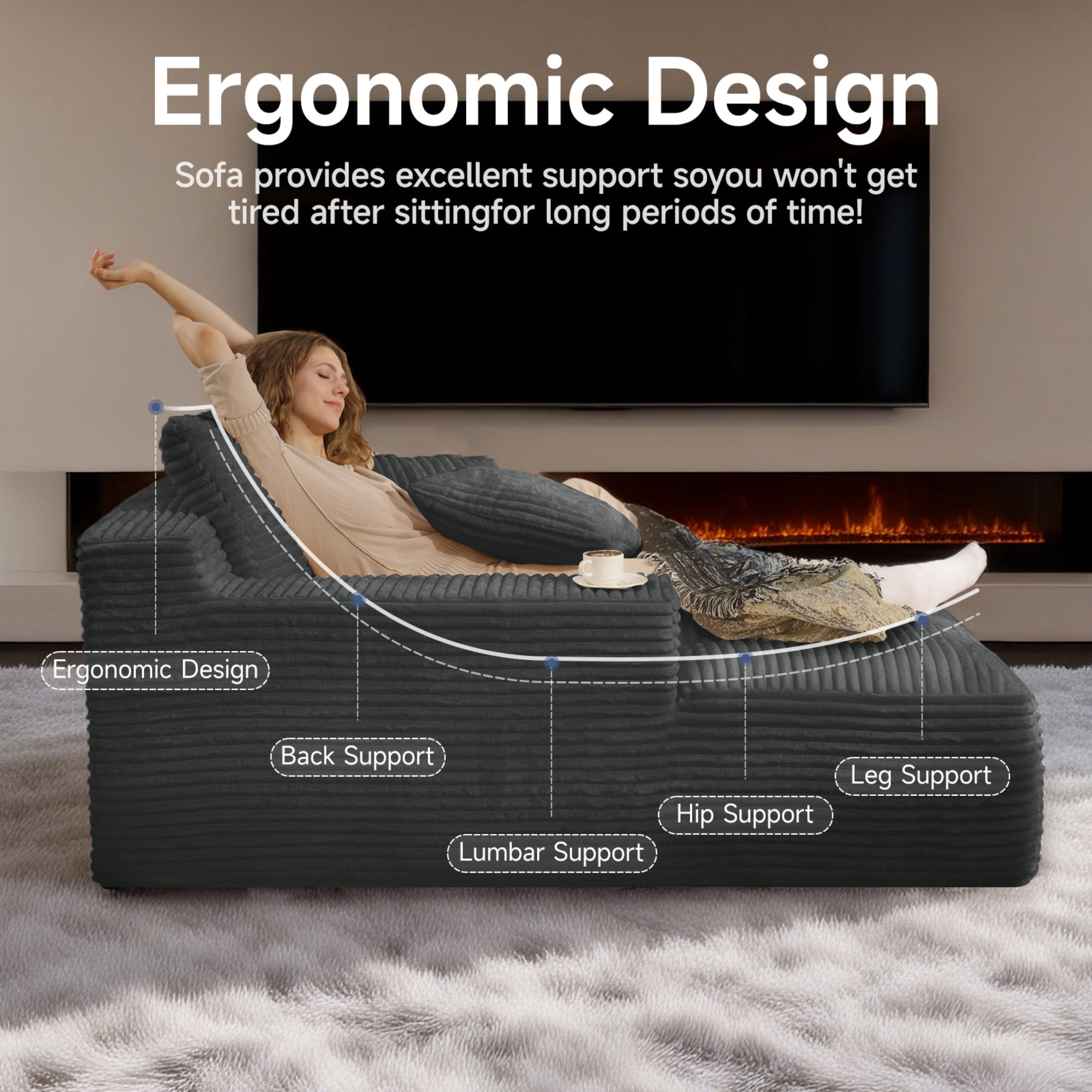 AISWORD 68.5'' Oversized Chaise Lounge Chair Indoor Corduroy Cloud Floor Sofa Bed No Assembly Required Deep Seat Boneless Couch with Pillows, Dark Gray