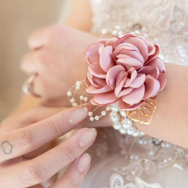 Pulsera de ramillete de rosas, ramillete floral de muñeca de boda con diamantes de imitación y perlas, pulsera de flores de mano, juego de boutonniere de rosa de seda para boda (rosa)