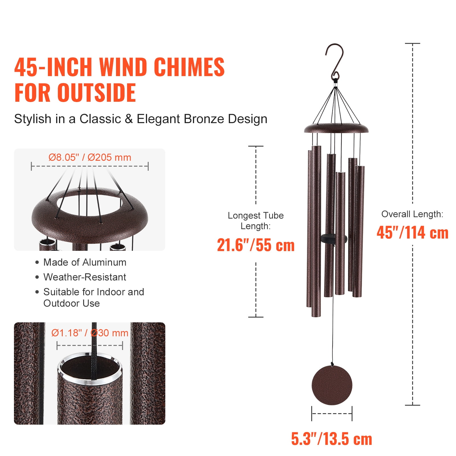KFFKFF Outdoor Wind Chimes, 45 inches, Rich Sound Wind Chimes with 6 Tubes, Distinctive Large Commemorative Wind Chimes for Anniversary,Remarkable Exterior Decoration for Your Terrace,Backyard,Bronze