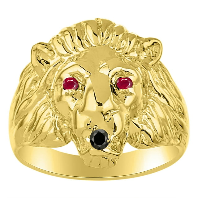 RYLOS Lion Head Ring Black Diamond Mouth & Gemstone Eyes Designer Rings Ruby Jewelry Yellow Gold Plated Silver Size 13
