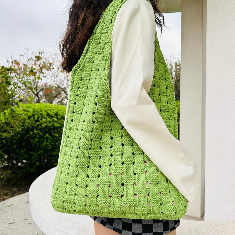 Kukuzhu Crochet Beach Tote Bag for Women Knit Shoulder Bag Aesthetic Knit Bag Woven Hobo Bag Hollow Summer Bag