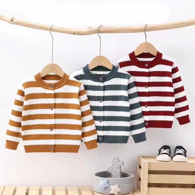 WRKEKC Cardigan en Tricot à Col Rond pour Garçons et Filles, Imprimé à Rayures, Boutonné, Manches Longues, Épais et Chaud, Manteau pour Tout-Petits de 1 à 4 Ans, Automne Hiver