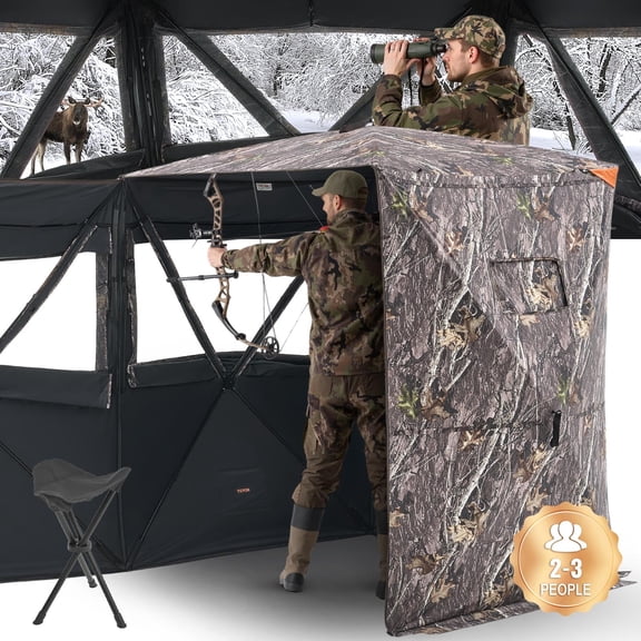 VEVOR Hunting Blind, 2-3 Person Thermal Ground Blinds with Tri-Leg Chair and Carrying Bag, Portable Camouflage Tent, Durable Concealed Shelter with Silent Zipper Door and Window, for Turkey Deer