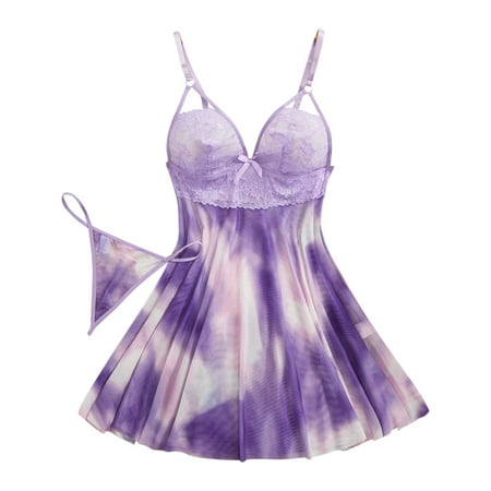 Oplxuo Women s Tie Dye Nightgown Sexy V Neck Lace Babydoll Pajamas Dress 2 Piece Lingerie Sleepwear