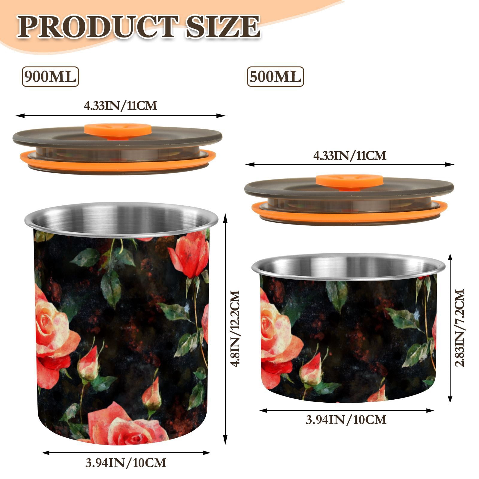 Red Rose Flowers Floral Airtight Coffee Bean Canister 30oz Food Storage Containers with Lids For Gournd, Tea, Sugar, Flour, Rice, Cereal, Candy Cookie Jar