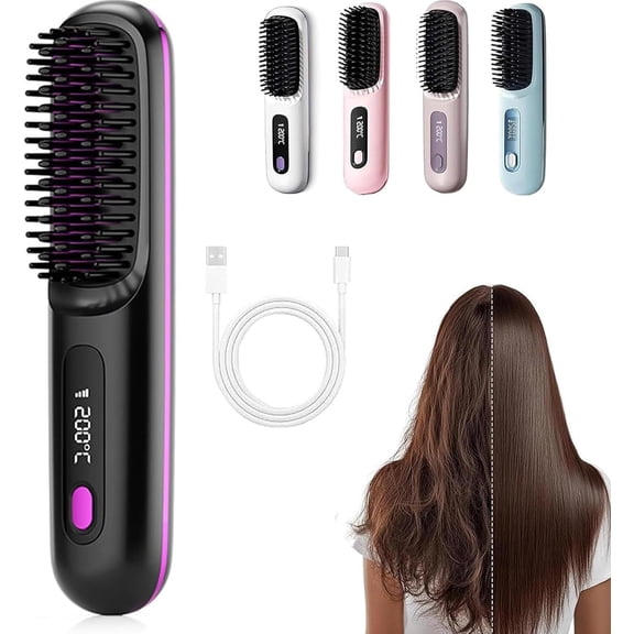 Cordless Hair Straightener Brush for Short Hair with LCD Temperature Display, Fast Heating Travel Styler, Portable Straightening Brush