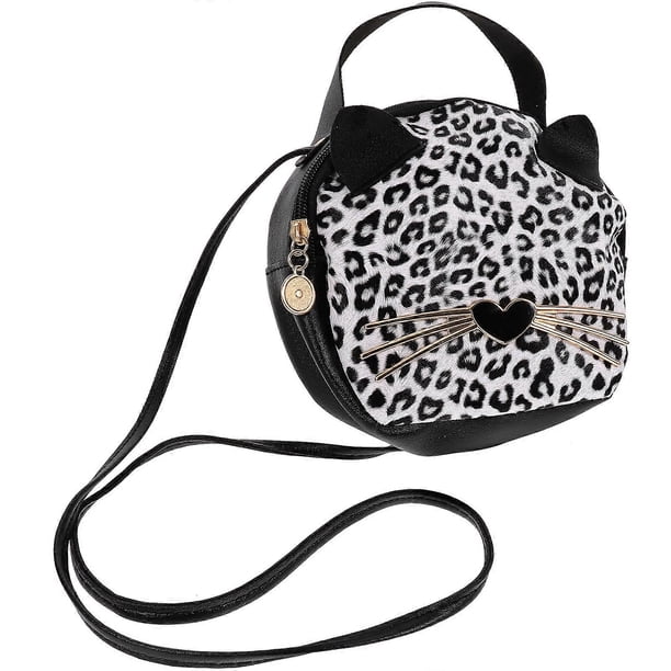 Creative Small Round PU Tote Handbag Casual Shoulder Bag Leopard Grain Cartoon Cat Ears Coin Purse for Girls Ladies (Speckled Brown)