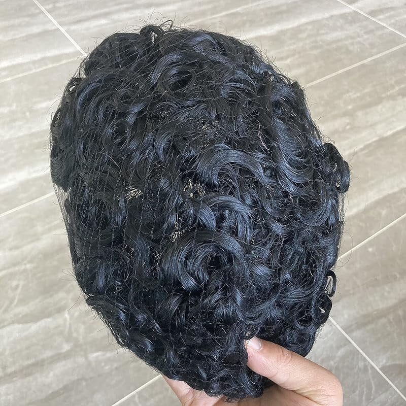 SIMBEAUTY Indian Remy Human Hair Curl Toupee 10x8inch for Men with Men Hair System Replacement Wig (1# Jet Black- 15MM Curly)