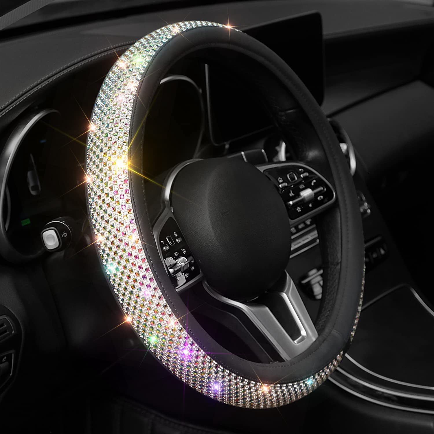 HOLDCY Steering Wheel Cover, Colorful Bling Crystal Diamond Car Wheel Protector, Compatible with Most Cars and Trucks with 14.5 to 15 Inch Steering Wheels, for Car Accessories Women Girls
