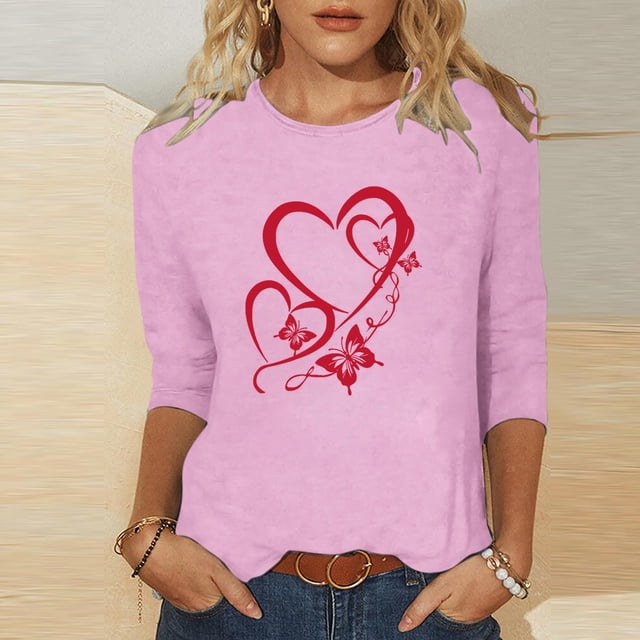 Xuyuer Women's Valentine 3/4 Sleeve Round Neck Shirt Funny Love Heart Graphic Tee Casual Couple Top Blouse
