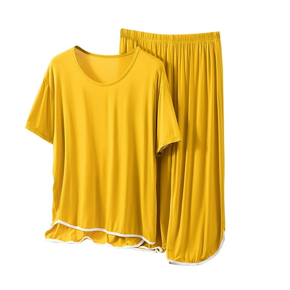 cfhntfmh Womens Pajamas Set Short Sleeve Sleepwear with Wide Leg Pants Nightwear Soft Cotton Modal Pj Lounge Sets