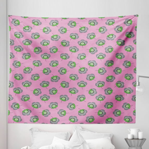 Pink and Grey Tapestry, Awakening Spring Blossoms Smoothly Continuous Pattern Illustration, Fabric Wall Hanging Decor for Bedroom Living Room Dorm, 5 Sizes, Fuchsia Purpleblue, by Ambesonne