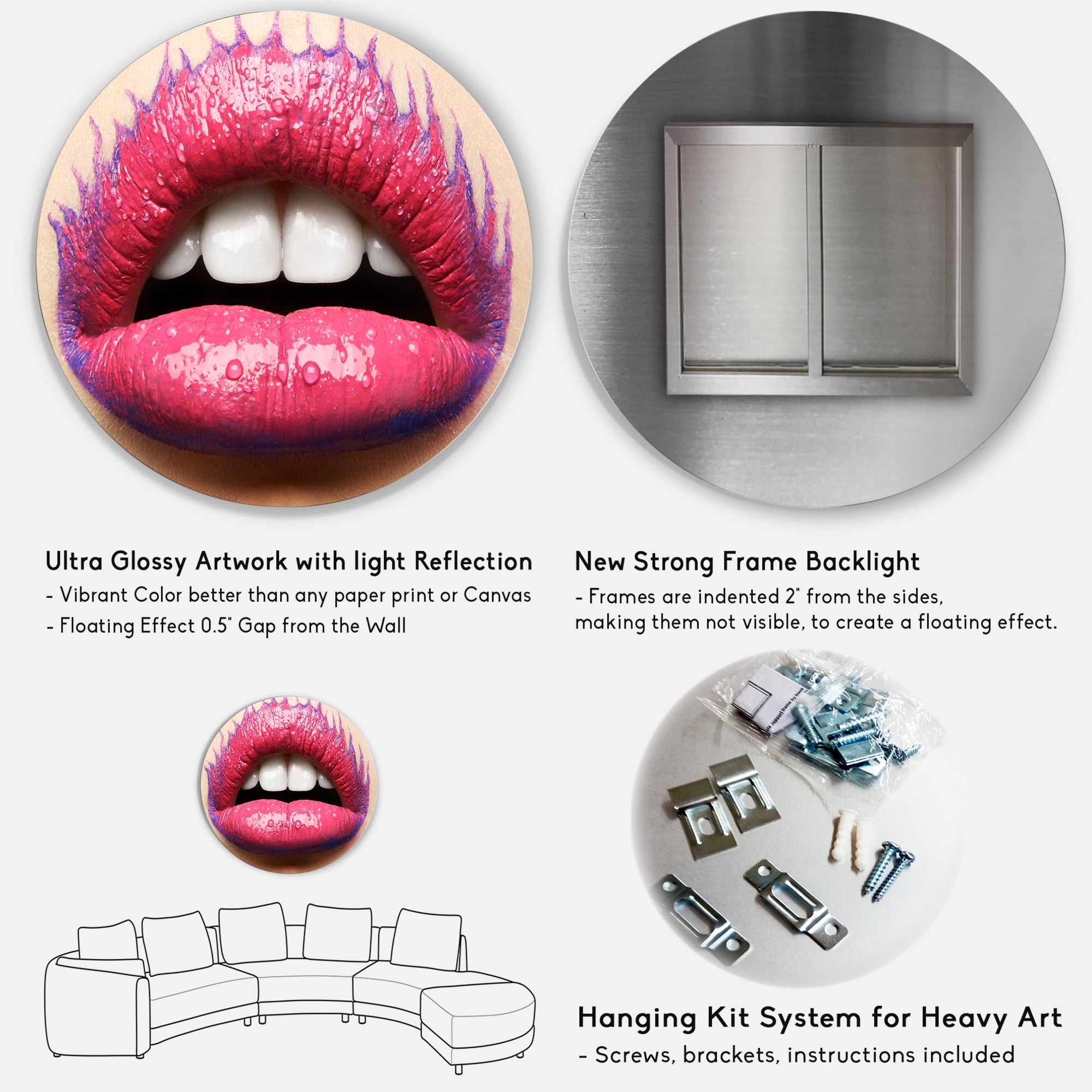 Designart 'Beautiful Woman Lips With Pink Lipstick' Modern Circle Metal Wall Art 23x23 - Disc of 23