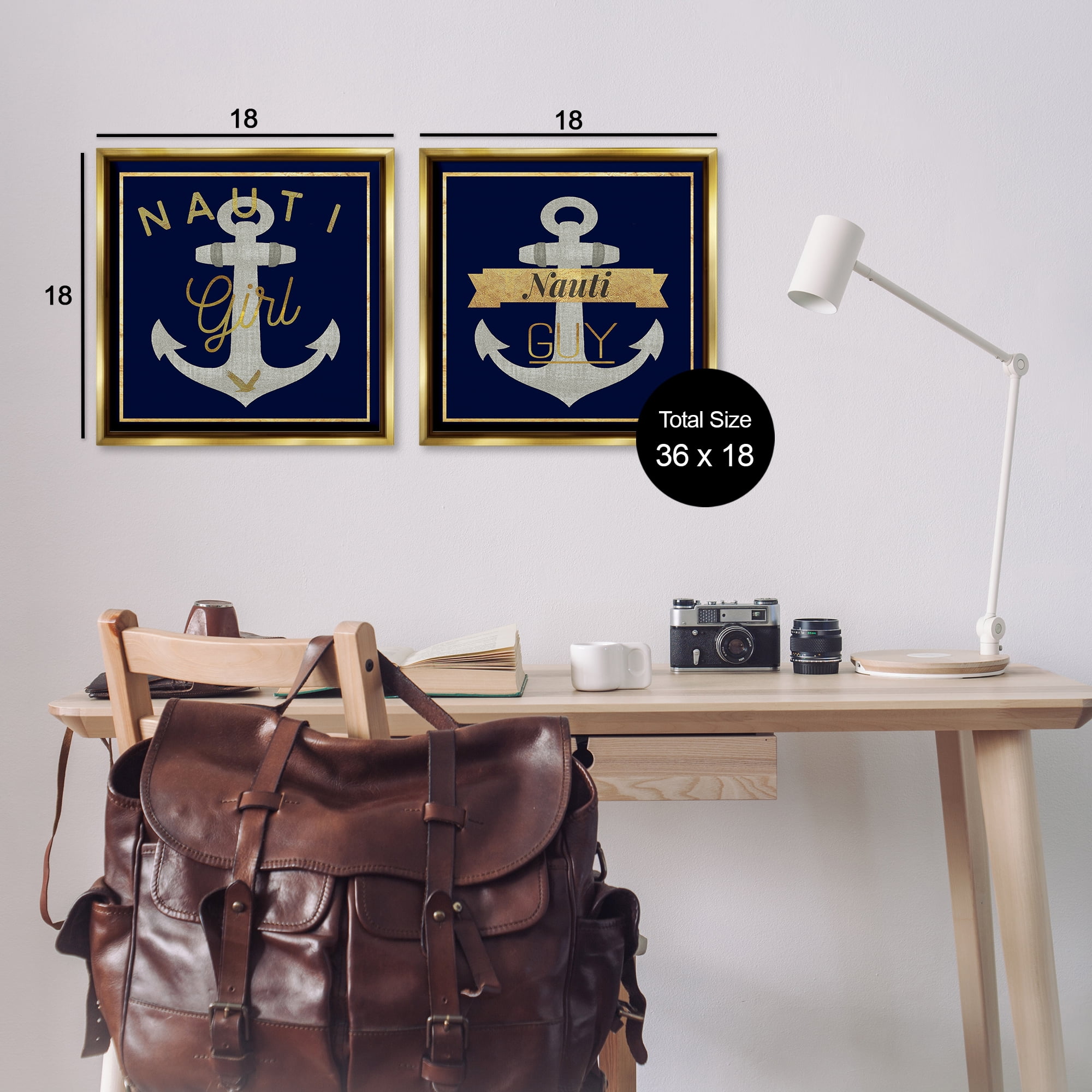 Stupell Industries Nauti Girl & Guy Anchors Nautical & Beach Painting Gold Floater Framed Canvas Art Print Wall Art, 18 x 18, Set of 2