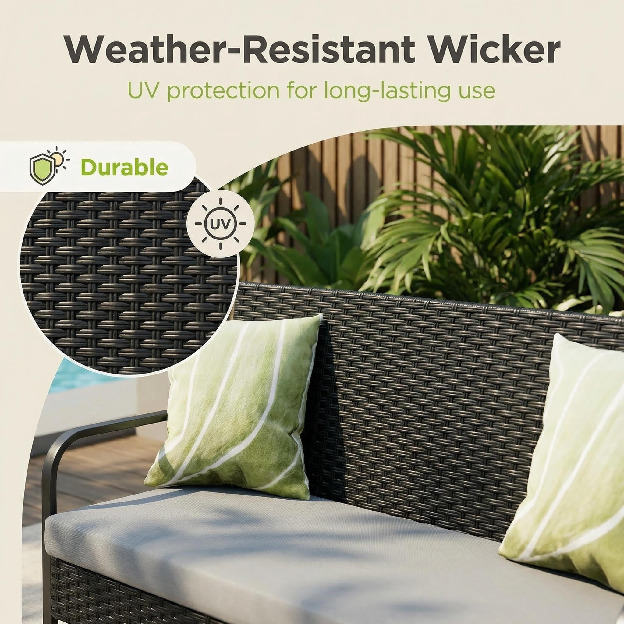 Lofka 4-Piece Outdoor Wicker Patio Furniture Set - All-Weather Rattan Sofa Set with Glass Coffee Table & Waterproof Cushions for Backyard, Porch, Garden, Light Gray  Cushion
