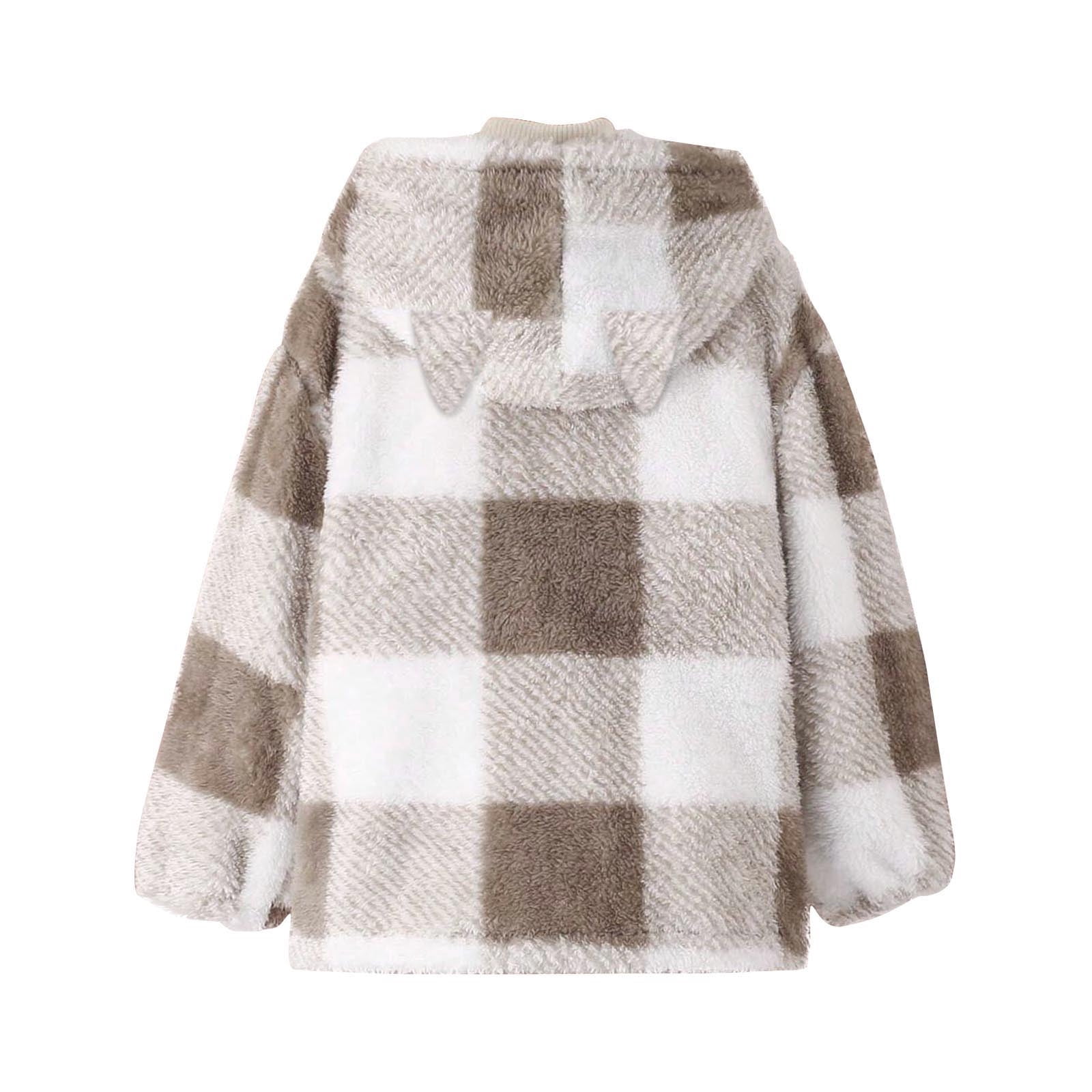 Xdegoge Girls Fleece Sherpa Jacket Plaid Fuzzy Zip Up Long Sleeve Hoodie Teen Thermal Loose Cozy Hooded Coats Tween 2025 Winter Thick Warm Outerwear With Pockets Age 8-14 Years