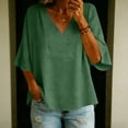 thumbnail image 6 of Craaazy Women Casual 3/4 Sleeve Blouse, Solid Color V Neck Tops, Loose Fit Linen Cotton Blend Shirt for Daily Wear Gifts, 6 of 8