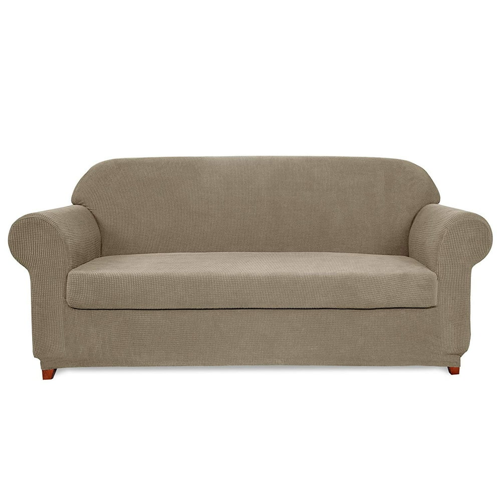 Subrtex Stretch 2Piece Textured Plaid Loveseat Slipcover, Sand