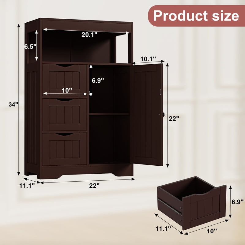 Lacoo Bathroom Floor Cabinet Wooden Storage Organizer with 1 Door, 3 Drawers & Adjustable Shelf Storage Cabinet for Kitchen Living Room Bathroom, Brown