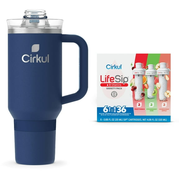 Cirkul 40oz All-Day StrawSip, Midnight Blue & Cirkul LifeSip Flavor Cartridge Variety Pack, Drink Mix, 6-Pack