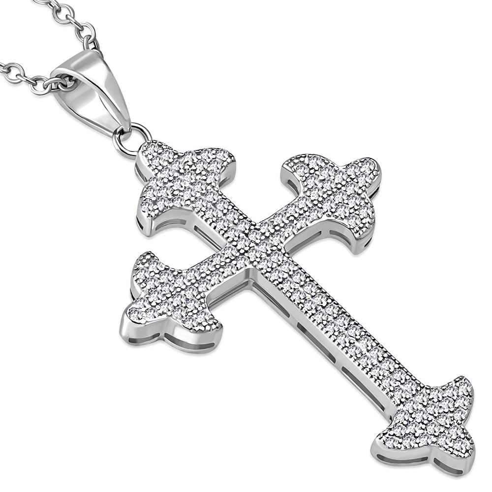 925 Sterling Silver Clear CZ Religious Cross Pendant Necklace, 18
