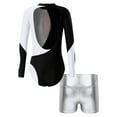 thumbnail image 2 of renvena Kids Girls Long Sleeve Gymnastic Leotard Ballet Dance Bodysuit Top  with Metallic Shorts Dancewear, 2 of 7