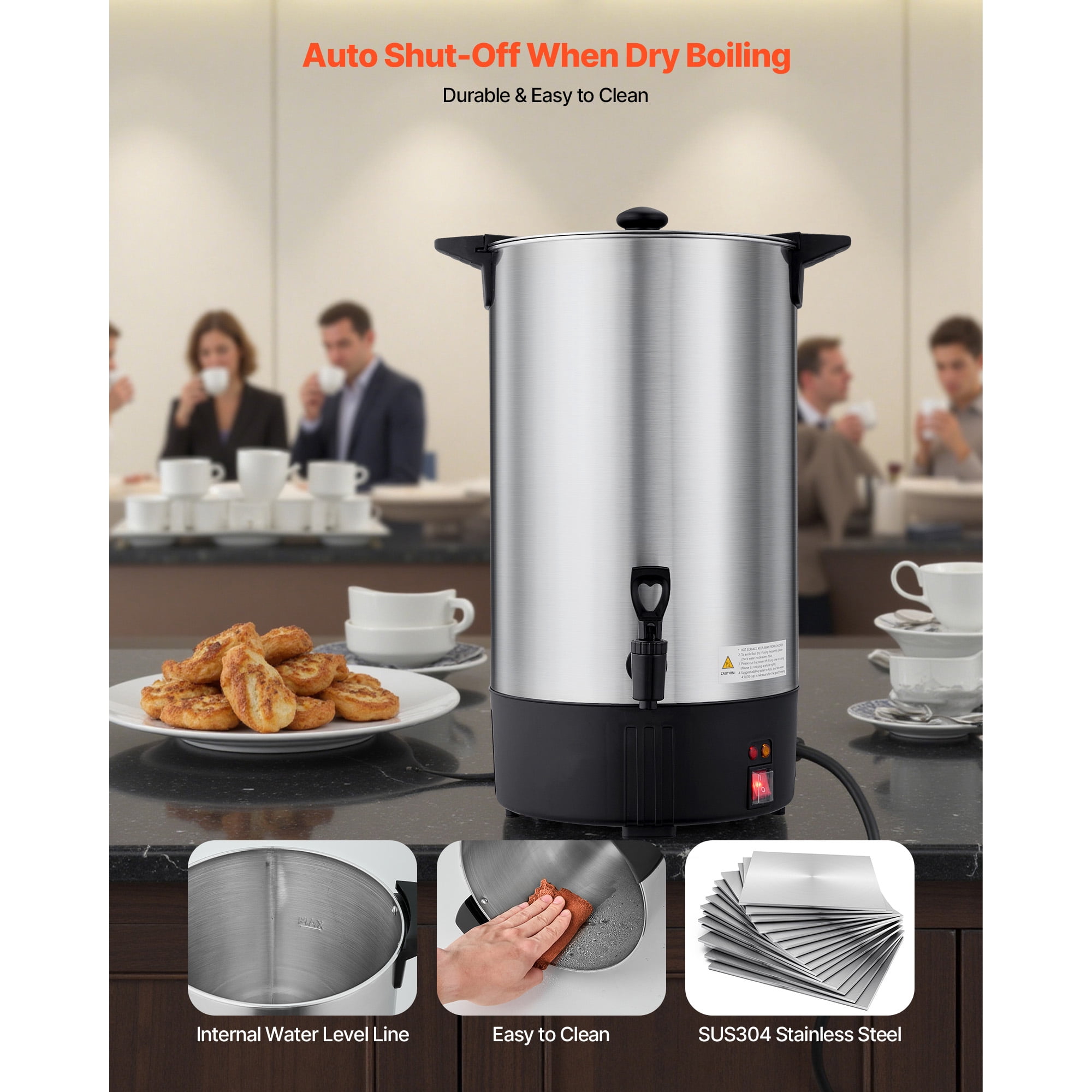 KFFKFF Commercial Coffee Urn, 100 Cup 15 L Hot Beverage Dispenser with Non-Drip Faucet, Fast-Brewing Stainless Steel Large Coffee Maker, Ideal for Events, Offices, Gatherings, and Restaurants