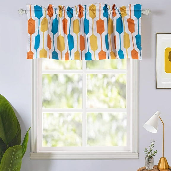 DriftAway Riley Geo Lined Window Curtain Valance Mid Century Geometric Pattern 2 Layers Rod Pocket, 52" x 18" Plus 2", Teal Gold Orange