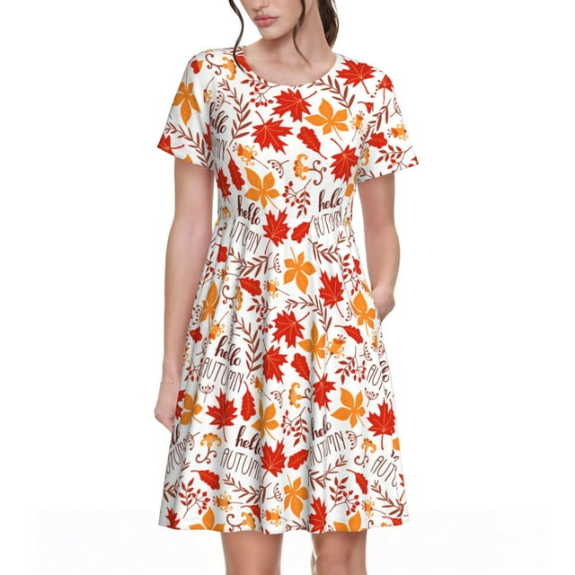 Daiia Hello Automne Feuilles d'Érable Imprimé Robes pour Femmes 2025 Tendance Manches Courtes Robes Décontractées Amples Fluides Maxi Robes de Soleil