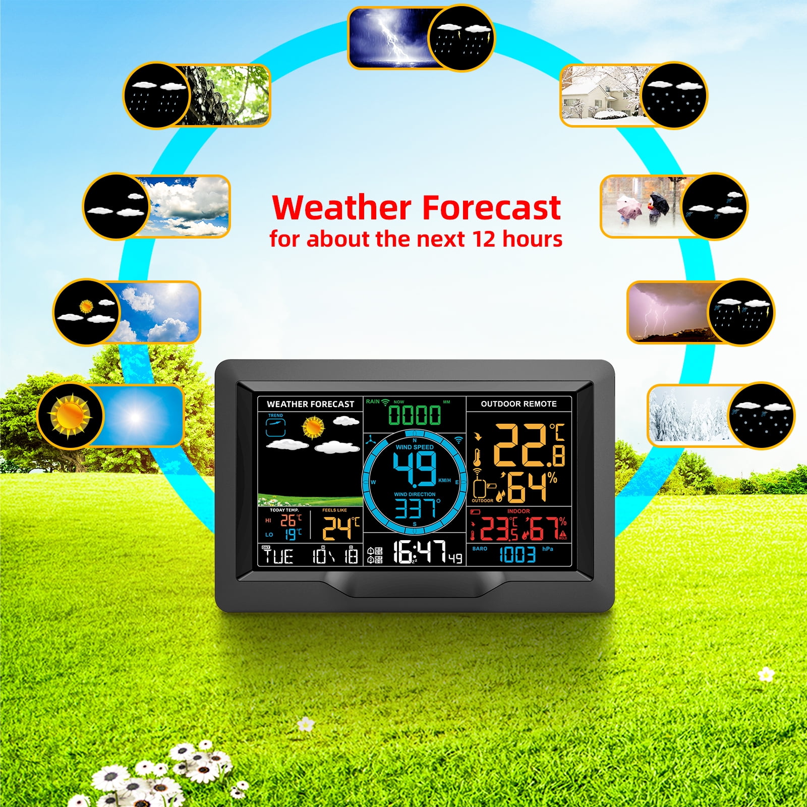 Wireless Professional Weather Station Temperature Humidity Sensor Wind Direction And Speed Barometric Alarm Clock ,Easy to Install