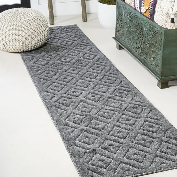 JONATHAN Y IBIZA 2 x 8 Runner Rug, Portmany Neutral Diamond Trellis - Dark Gray, IBZ104A-28