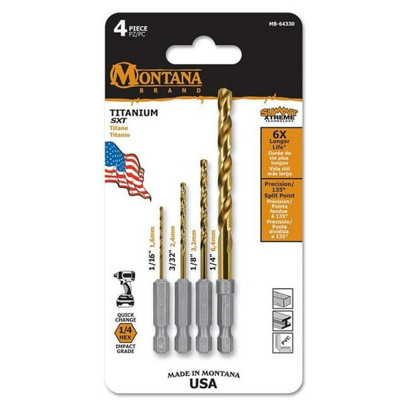 Montana Brand MB-64330 Hex Shank Titanium Drill Bit Set - 4 Piece
