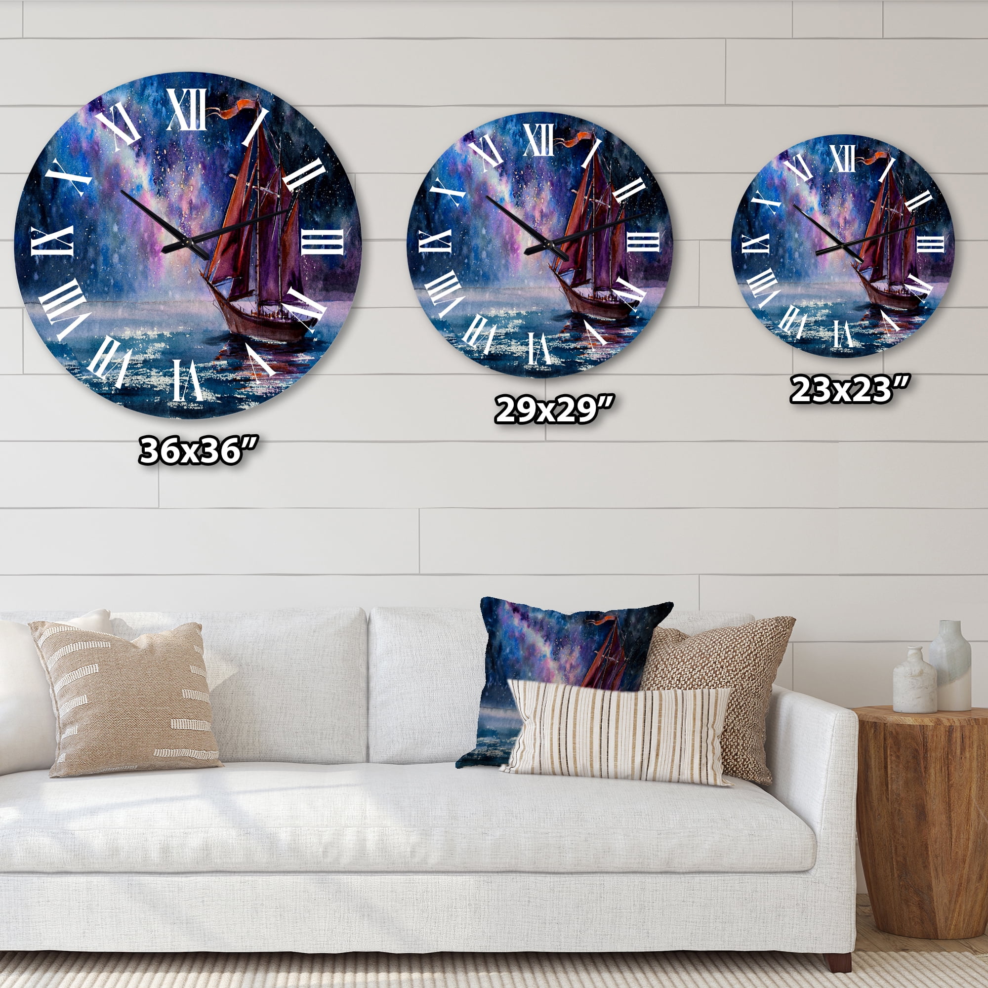 Designart 'Wooden Sailboat With Red Sails & Bright Night Sky' Nautical & Coastal Wall Clock
