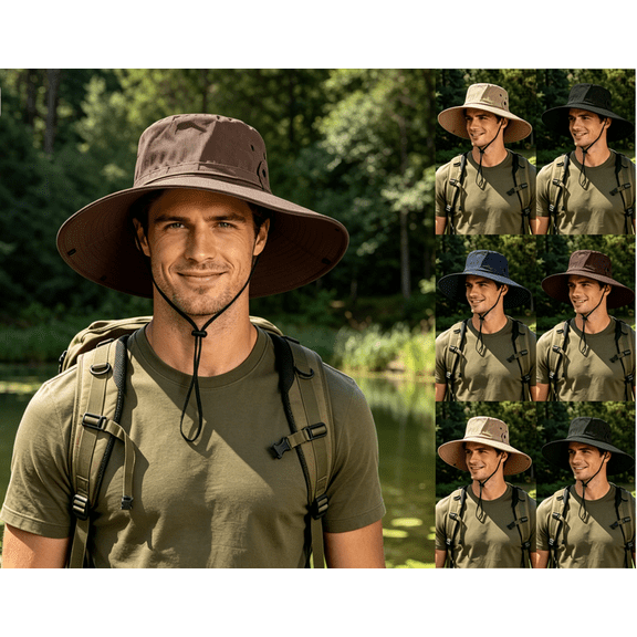 Men's Wide Brim Sun Hat UPF 50 , Packable Breathable Mesh Boonie Bucket Cap for Hiking Fishing Sai Size 56-58cm Khaki